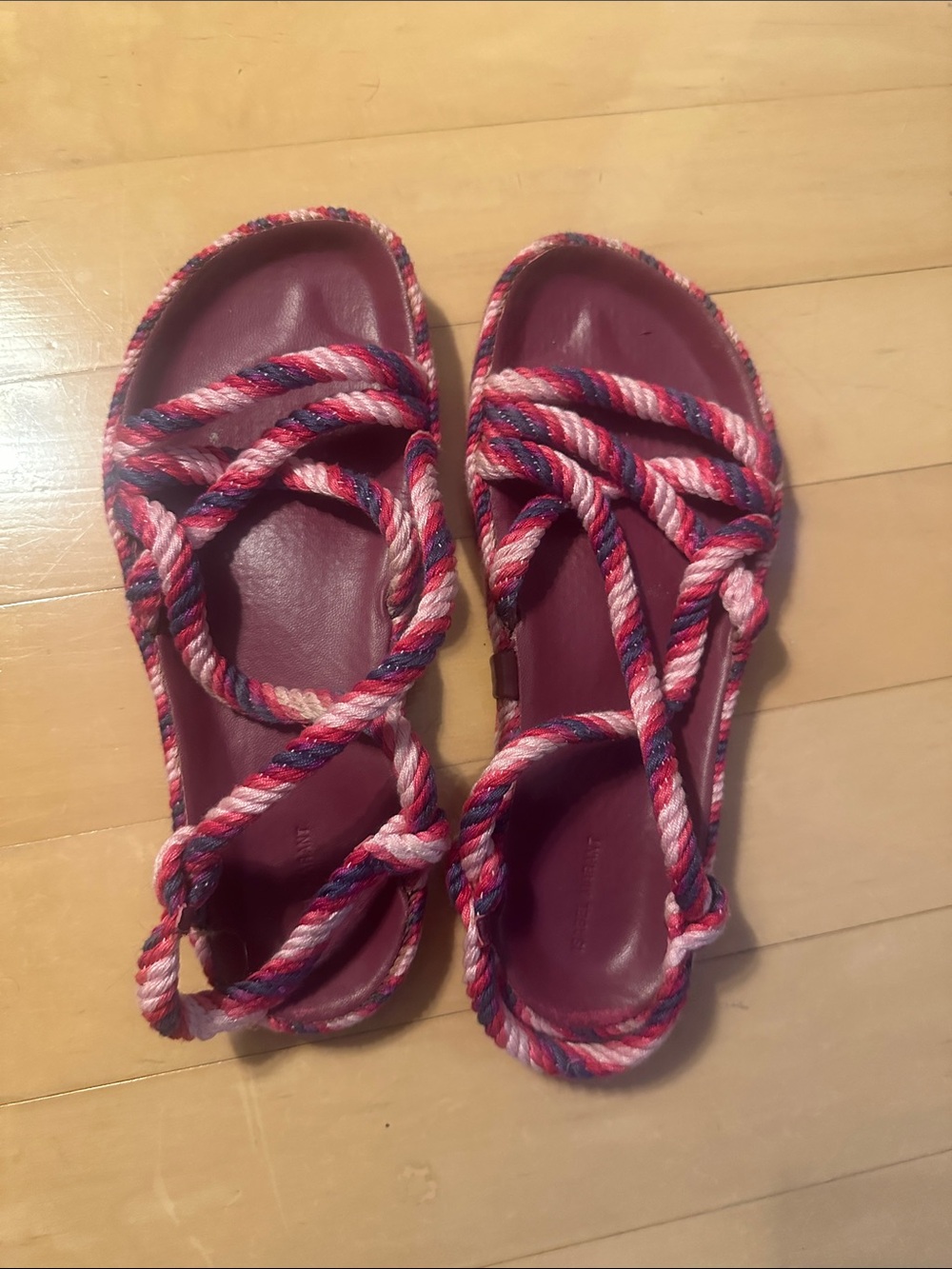Isabel Marant Multicolor Rope-Strap Sandals with Burgundy Footbed